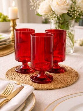 Vintage Ruby Red Footed Glasses Set of 3 Mid Century  Cocktail Juice Tumblers